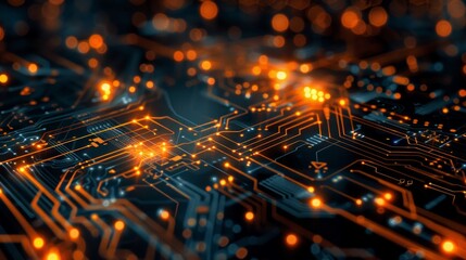 A detailed close-up of a blue PCB with glowing orange and yellow points, emphasizing a central CPU, adds depth and tech allure to the image.