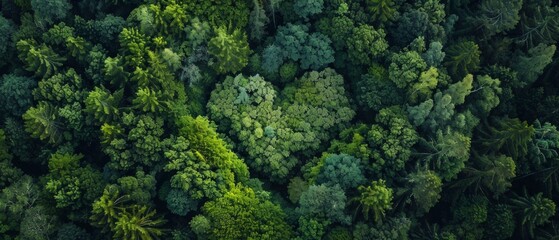 Aerial view shows diverse forest canopy with varying leaf sizes and shades of green, resembling a quilt pattern. The lush habitat exudes tranquility and depth.