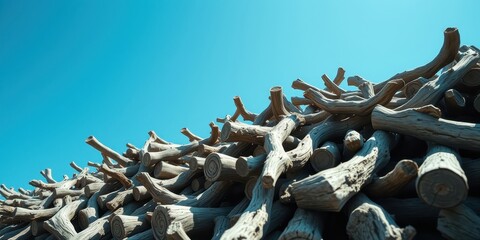 A massive pile of weathered driftwood branches against a vibrant blue sky