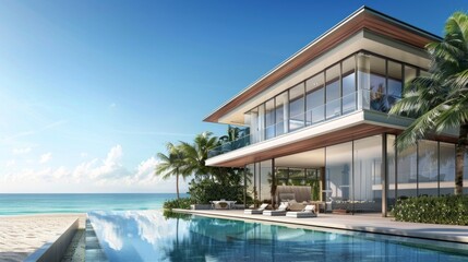 Fototapeta premium A modern beachfront house with glass/wood features, spacious layout maximizing ocean views, infinity pool, and luxe amenities. Coastal luxury and tranquility in detailed design.
