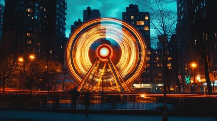 Illuminated Ferris wheel, city lights, night scene.