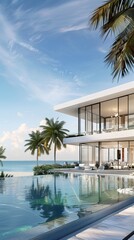 Fototapeta premium A luxurious white modern house by the ocean with a pool, palm trees, and ocean view. Tranquil and upscale atmosphere under a clear blue sky.