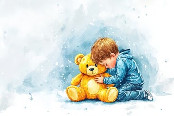 Young Boy Embraces Beloved Teddy Bear in Winter