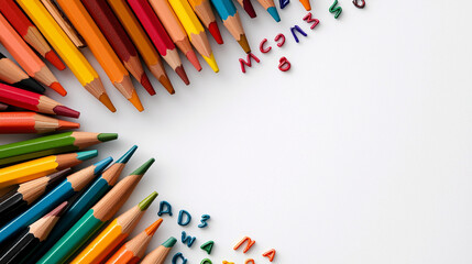 Fototapeta premium Colorful Crayon Alphabet with Pencils on Bright White Background