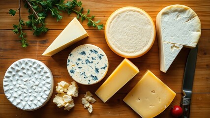 Fototapeta premium Aromatic Selection of Diverse Cheeses on Rustic Wooden Surface