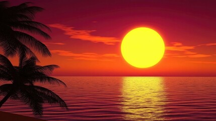 Tropical Sunset Over Calm Ocean Waves Palm Trees Silhouette