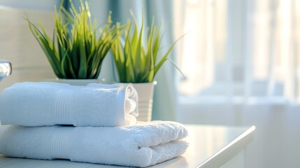 Two white towels lie on a counter with green plants and a window in the background.