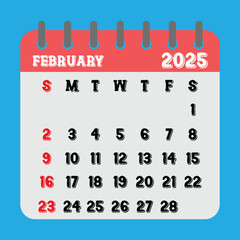 Letter calendar for February 2025. The week begins on Sunday. Time, planning and schedule concept. Flat design. Removable calendar for the month. Vector illustration