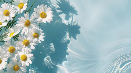 Fresh Chamomile Flowers on Serene Blue Water Surface