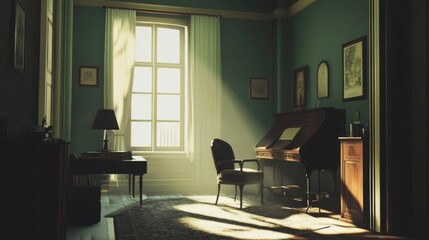 Fototapeta premium Sunlit Antique Room With Desk Chair And Slanted Writing Desk