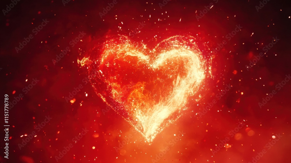 Fototapete a bold red background with a glowing heart in the center surrounded by sparkles.