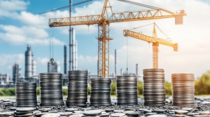 Construction Costs Rising Stacks Of Coins And Cranes