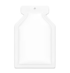 Sachet bag with hole slot mockup for energy gels, sport nutrition, cosmetics. Vector illustration isolated on white background. Flat lay view. Can be use for template your design, presentation. EPS10