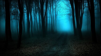 Mysterious path through a misty blue forest at night