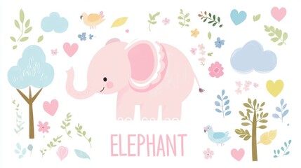 Fototapeta premium Adorable Pink Elephant with Floral and Bird Elements: A Cute Nursery Print