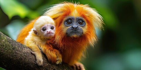 Fototapeta premium Golden lion tamarin mother cradling baby on branch