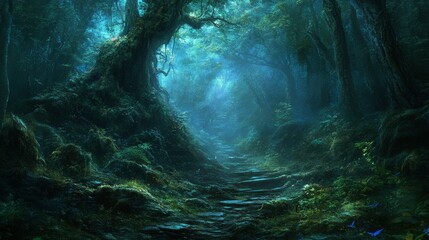 Obraz premium Mystical Forest Path Leading Through Ancient Trees