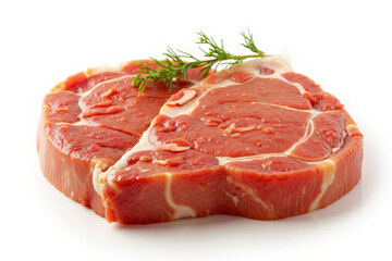 Obraz premium Raw meat on white background with soft lighting, space for text