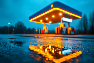 Blurred Brightly Lit Gas Station at Dusk with Reflections on Wet Pavement in Urban Setting