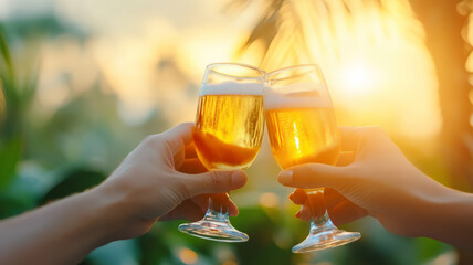 Cheers to Friendship and Celebration with Two Glasses of Beer Against a Sunset Background