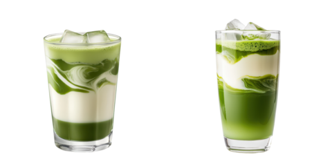 Iced matcha latte with swirling layers of green and cream, refreshing drink