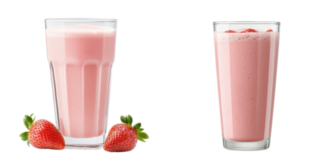 Refreshing strawberry milkshakes in tall glasses with fresh strawberries