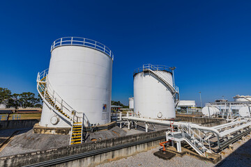 Crude Oil Industry, White Storage Fuel Gas Container Tanks in Petroleum Refinery Industrial Factory area against