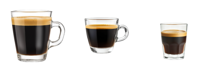 Rich espresso in three glass cups showcasing crema and dark liquid