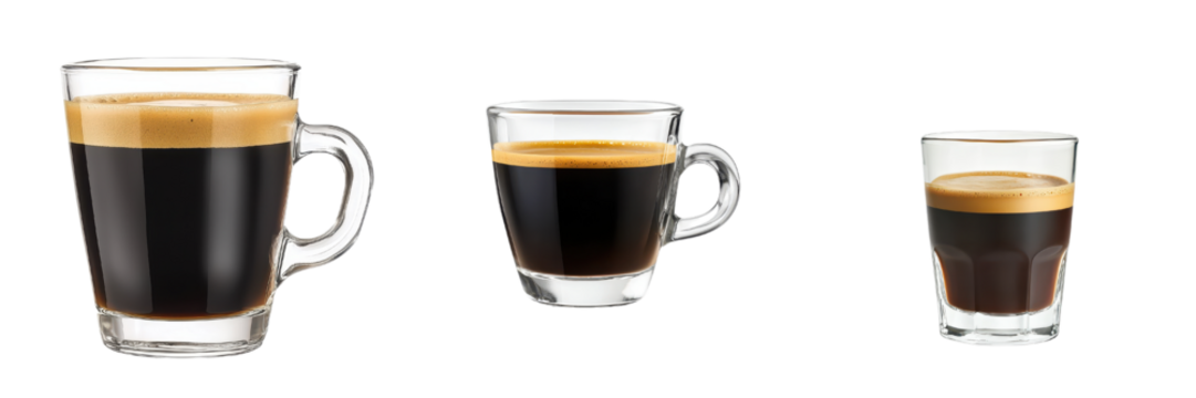 Rich espresso in three glass cups showcasing crema and dark liquid