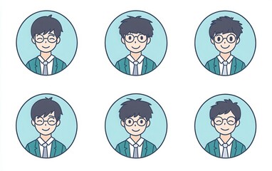 Simple round portrait icons depicting Japanese high school students with short hair and glasses, dressed in light blue shirts, grey ties, and green jackets. 