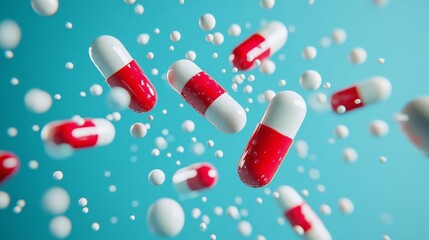 Red and white antibiotic capsules floating in air