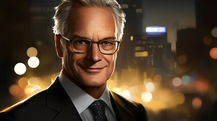 A confident businessman in a suit, smiling against a city skyline at night.