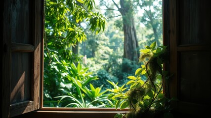 Serene View from a Rustic Wooden Window, Lush Greenery and Sunlight Streaming In
