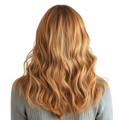 Naklejka premium A woman with long, wavy blonde hair is wearing a gray sweater. Concept of warmth and comfort, as the woman's hair is styled in a way that complements her outfit