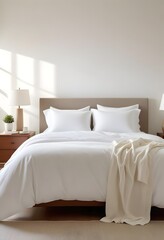 Obraz premium Bright Sunlit Bedroom with Neatly Made Bed, Crisp White Sheets, and Pillows