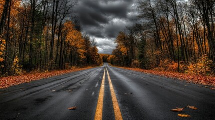 Fototapeta premium Autumn Road Through Forest Under Dark Clouds