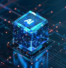 A futuristic, abstract representation of artificial intelligence, with a glowing blue cube containing the letters "AI" on a circuit board