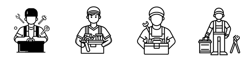 Icon depicting a man in overalls holding a wrench and a toolbox. This line symbol represents car mechanic services and plumbing work. Modern, isolated pictograms for web use on a white background
