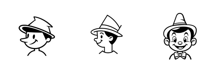**Thin outline icon of a fairytale character, Pinocchio's face. This line symbol represents deception, lying, roguery, and lies. Modern computer-generated isolated pictograms for web use, with a