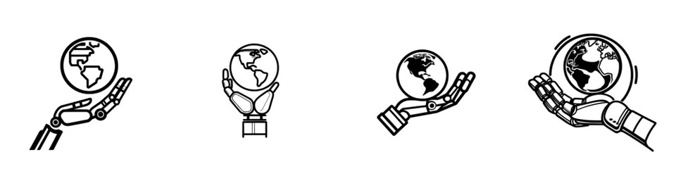 A stock icon depicting a robot hand holding a globe, symbolizing AI technology and machine learning development. This modern, isolated pictogram on a white background features an editable stroke.