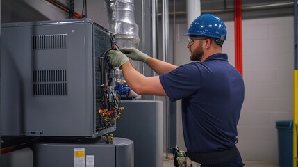 Professional HVAC technician in blue hardhat performing maintenance check on commercial heating system, inspecting internal components with focused attention to detail.