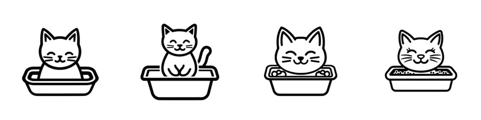 A thin outline icon of a domestic cat using a litter box, symbolizing pet supplies and accessories. Modern, isolated pictograms on a white background with editable strokes.