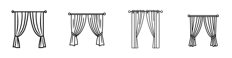 A thin outline icon of an open curtain. This line symbol represents a curtained window or blind. It's a modern, isolated pictogram for web use on a white background with an editable stroke.