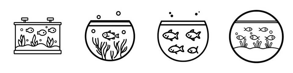 Thin outline icon of a fish home aquarium with fish and algae. This line symbol represents pet supplies and pet accessories. Modern isolated pictograms on a white background with editable strokes.