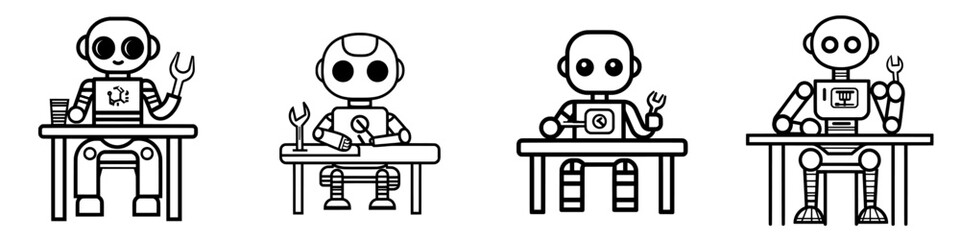 A thin outline icon of a robot politician on a podium, symbolizing eroded epistemic AI technology, modern robotics, and editable stroke, isolated on a white background with a customizable pictogram.