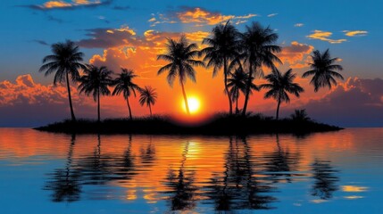 Tropical Island Sunset Silhouette Palm Trees Ocean