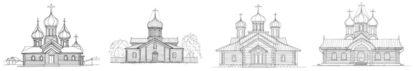 A line drawing of a wooden church, set against a white background. This historical architectural structure features a dome and cross, showcasing an ancient temple in a rustic style, rendered in a