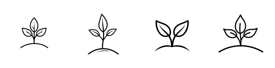A thin outline icon of two leaves and a sprouting plant emerging from soil. This line symbol represents a healthy natural product label, ecology, environment, and eco-friendliness. It is a modern,
