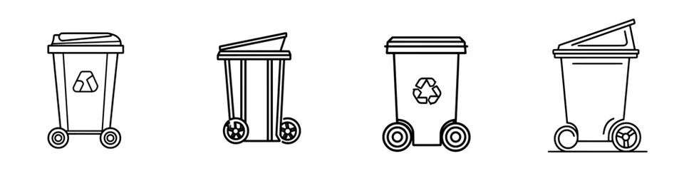 A thin outline icon of a street rubbish bin with wheels and a lid, depicted as a line sign for recycling garbage. This modern, isolated pictogram on a white background has an editable stroke.