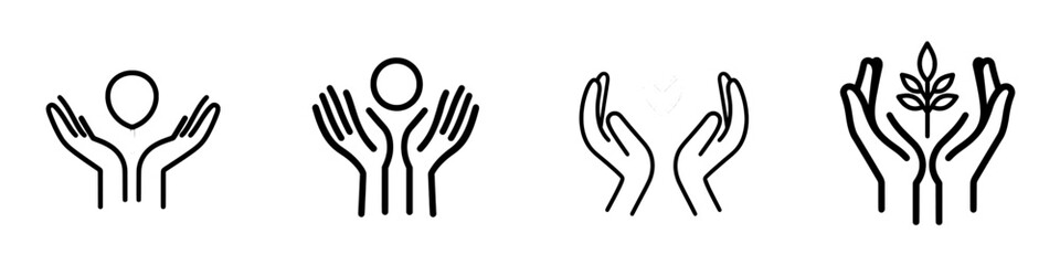 A thin outline icon of two hands holding a figurine or hugging a person, symbolizing compassion, support, protection, and care. This modern, isolated pictogram features a line sign gesture on a white